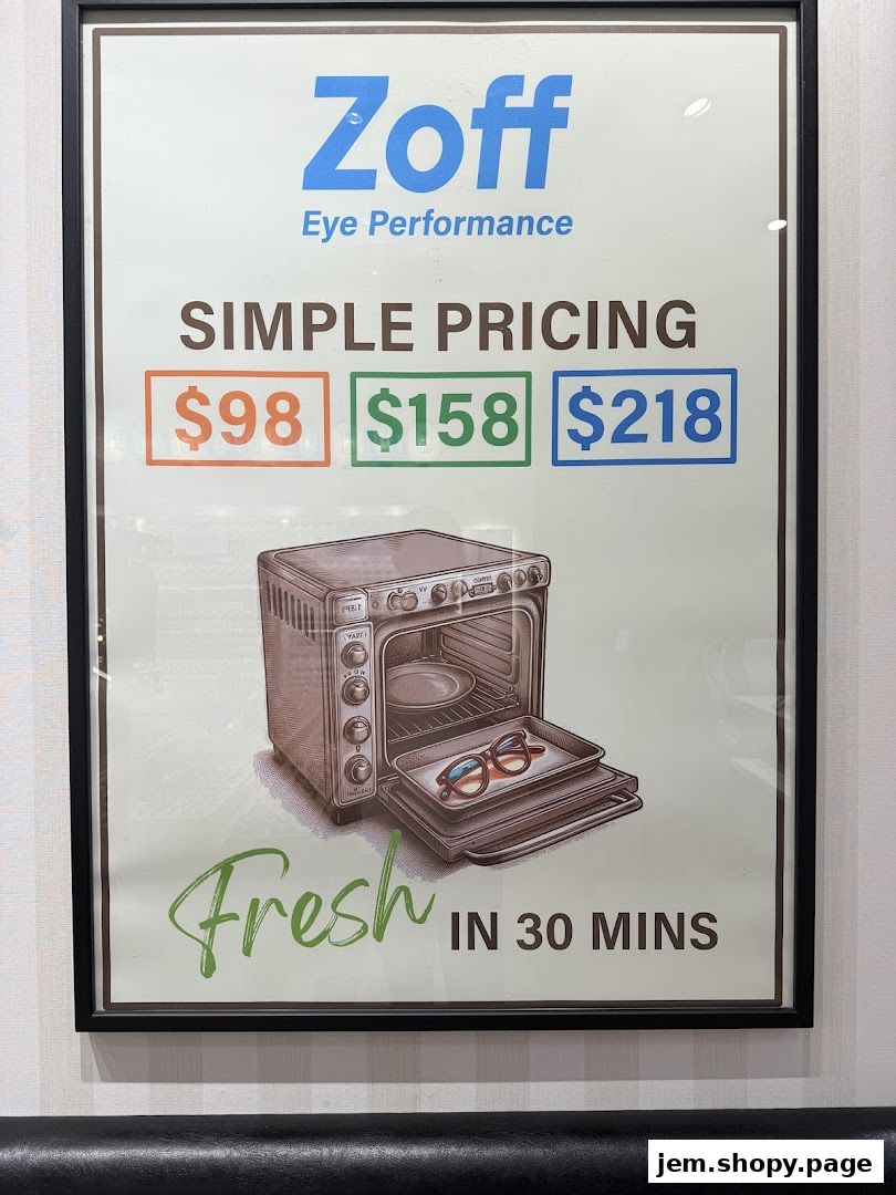 A sign for Zoff Eye Performance advertising simple pricing and 30-minute service.