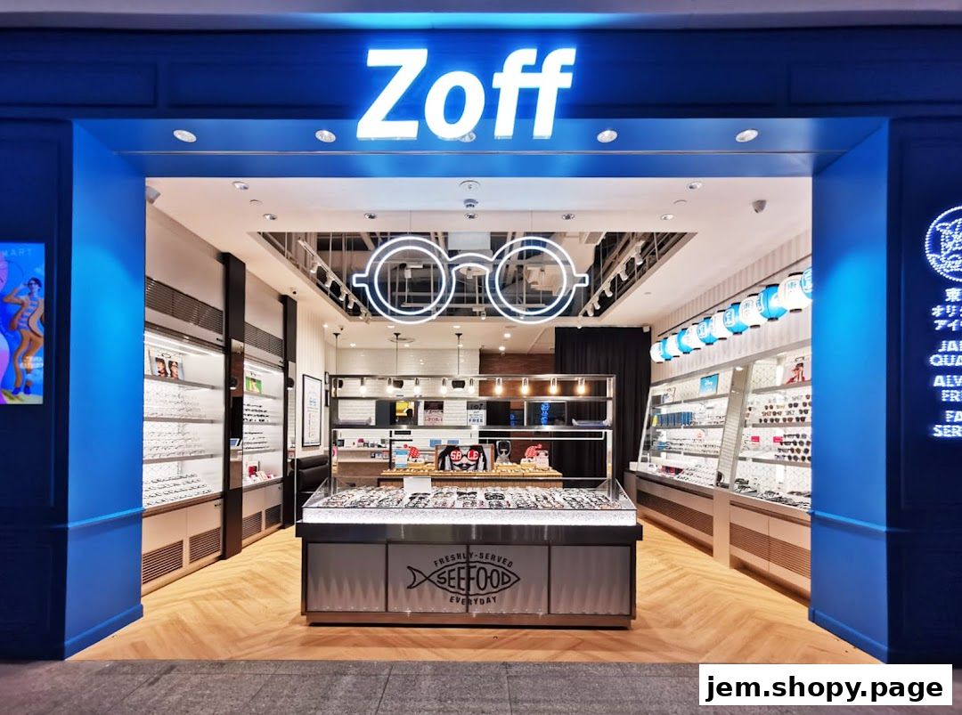 The modern Zoff eyewear store features a bright interior with display shelves and a central glasses display.