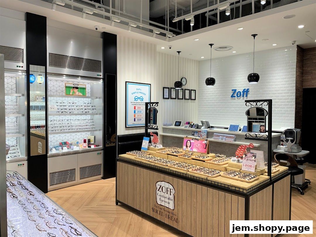 Interior view of a modern eyewear shop displaying various glasses and promotional materials.