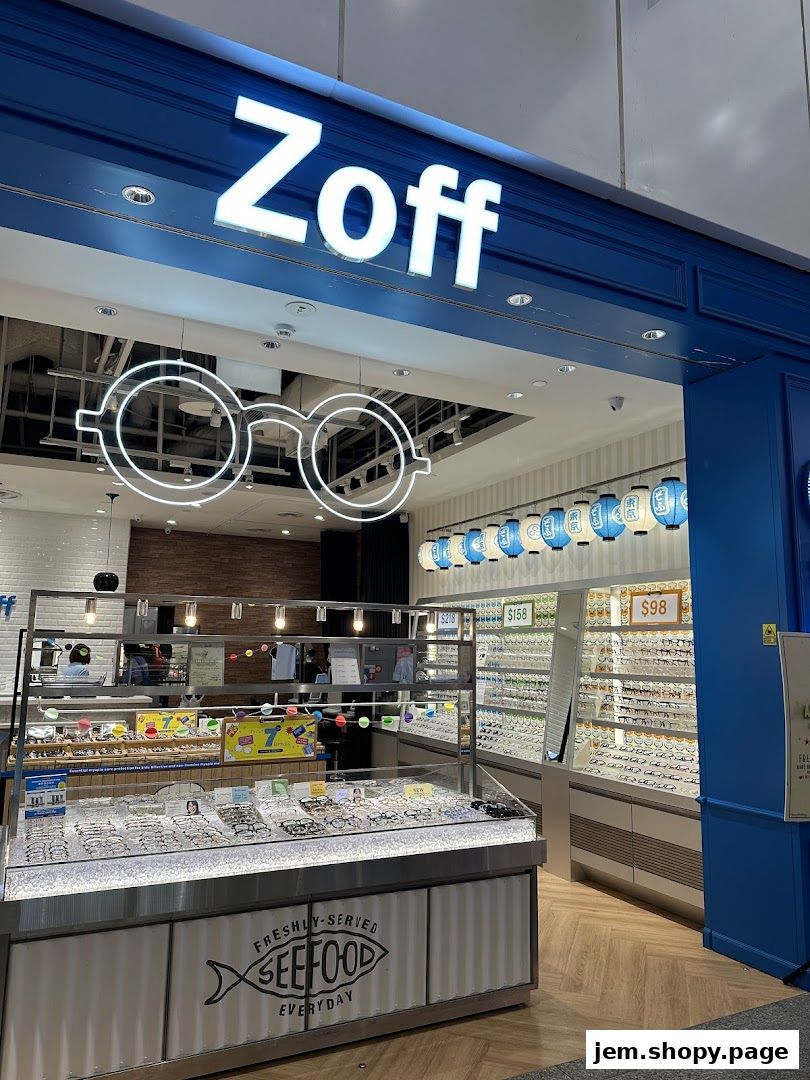 The Zoff Jem shop front displays a wide selection of eyeglasses and sunglasses.