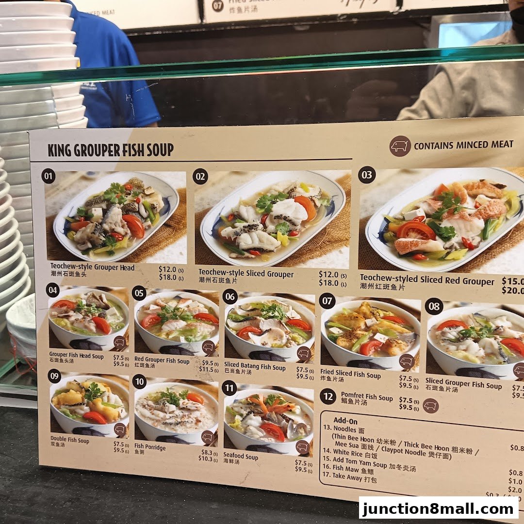 A menu showcasing various King Grouper Fish Soup dishes with prices and descriptions.