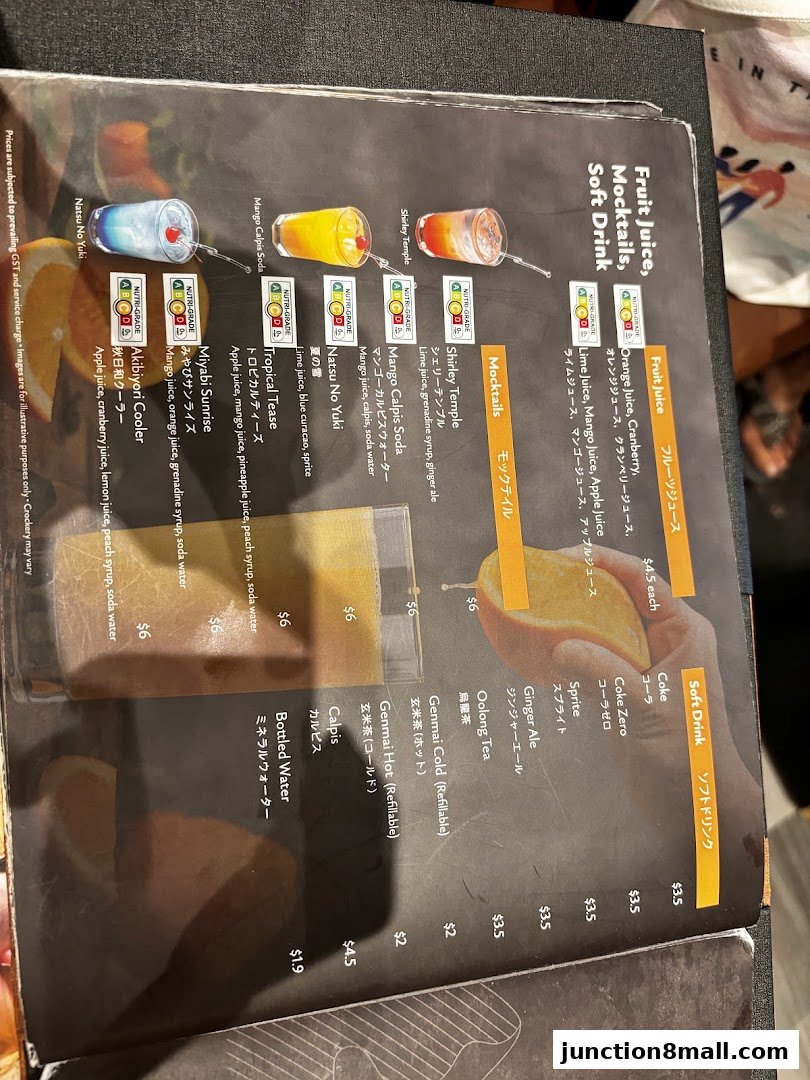 A menu featuring fruit juices, mocktails, and soft drinks with prices and descriptions.