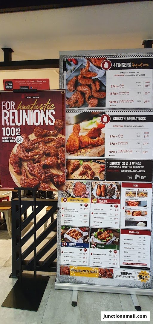 A menu display for Long John Silvers featuring crispy chicken wings, drumsticks, and various combos.