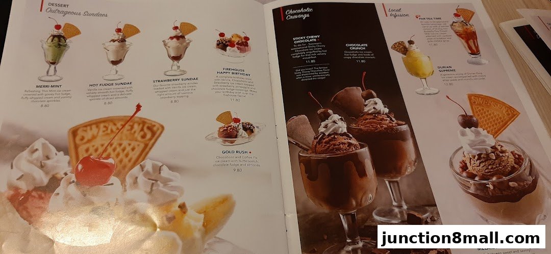 A menu page from Swensen's featuring various ice cream sundaes and desserts.