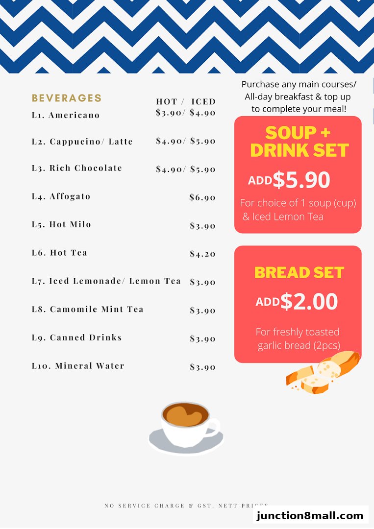 A menu featuring beverages, soup and drink set, and bread set with prices.