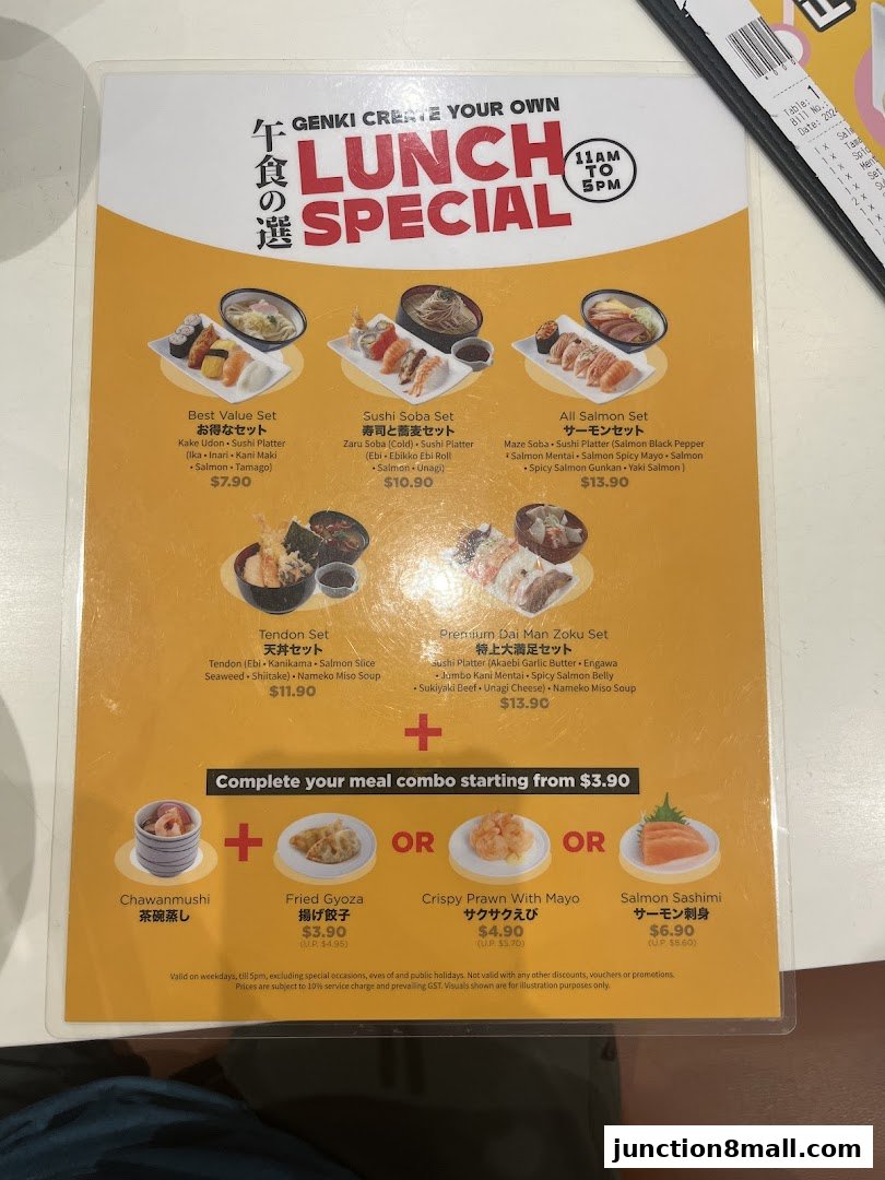 A menu for Genki Sushi's Lunch Special, featuring various sushi and noodle sets.