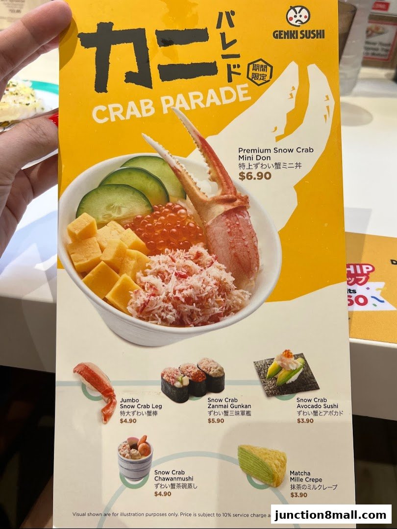 A menu featuring Genki Sushi's Crab Parade specials, including various crab dishes and desserts.