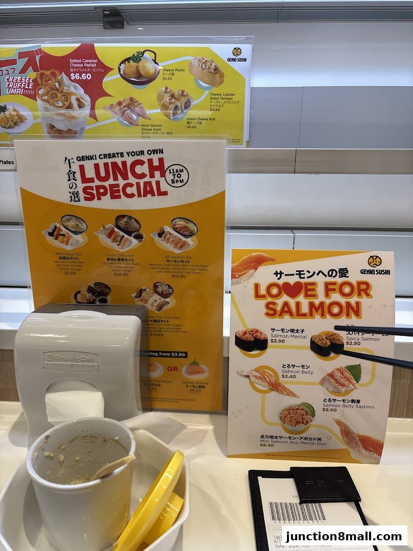 A table at Genki Sushi Junction 8 with various menu displays and dining accessories.