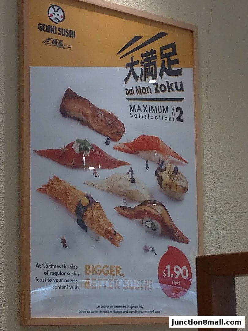 A poster advertising Genki Sushi's 'Dai Man Zoku' sushi with a price of $1.90 per piece.