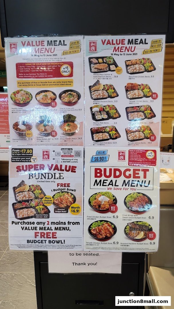 A menu display for Watami Japanese Dining featuring value meals and budget bowls.