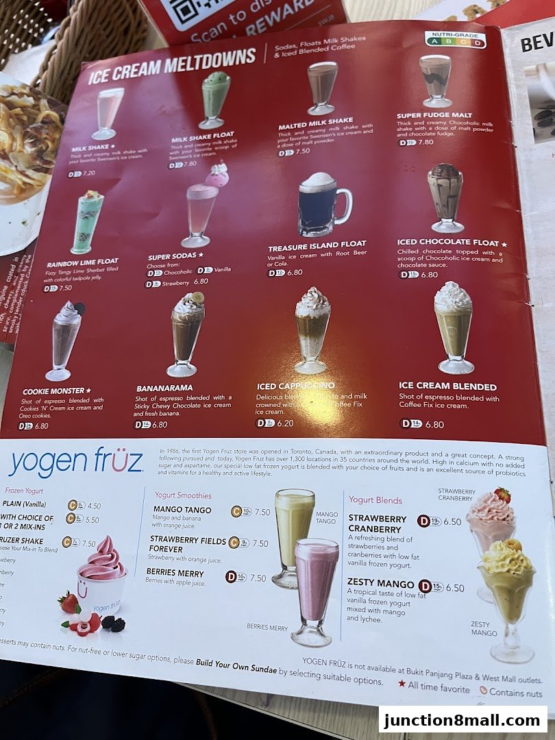 A menu featuring ice cream, milkshakes, floats, and frozen yogurt options.