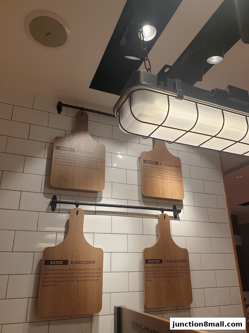 Wooden boards with text about meat, service, sauce, and system on a tiled wall.