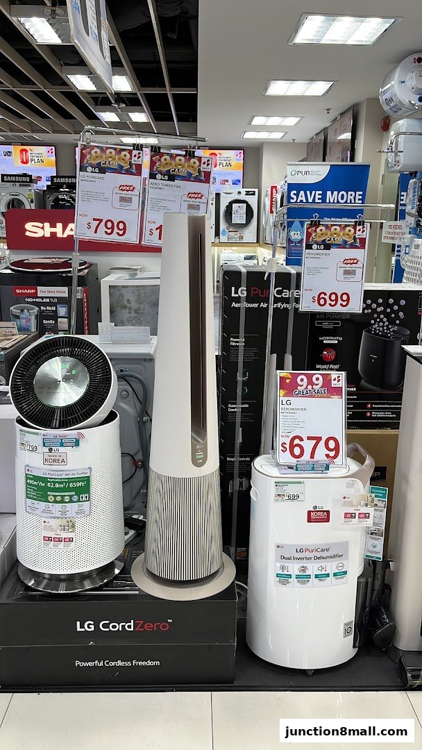 Various LG air purifiers and dehumidifiers displayed with promotional pricing.