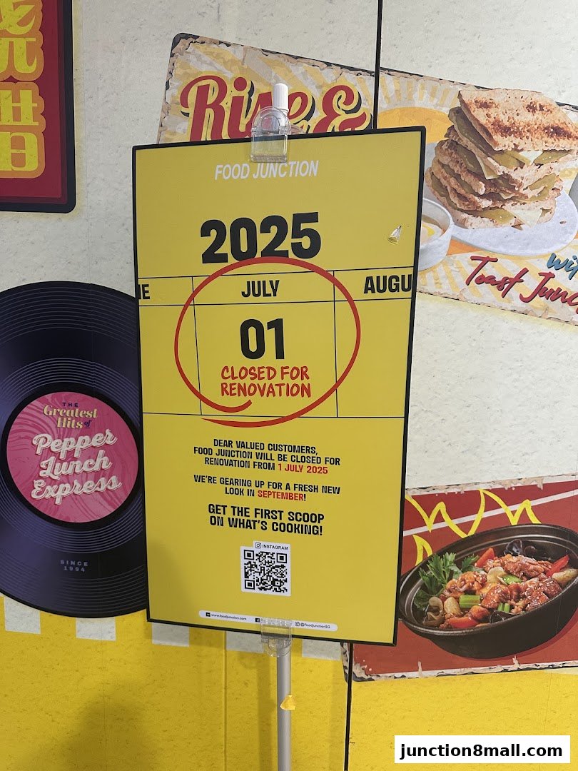 A sign announces Food Junction's closure for renovation from July 1, 2025, with a reopening in September.