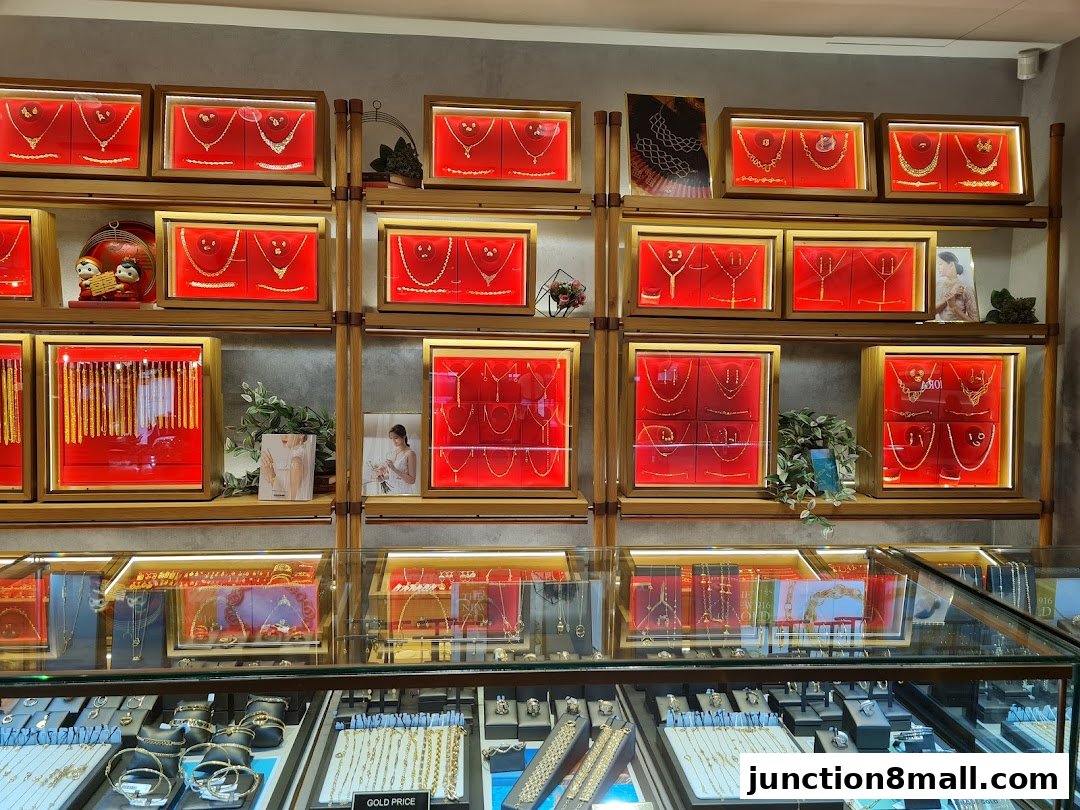 A well-lit jewelry store display featuring numerous gold necklaces and bracelets on red velvet stands.