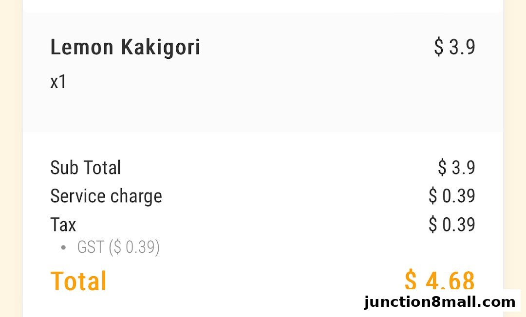 A receipt showing a single item, 'Lemon Kakigori', with subtotal, service charge, tax, and total.