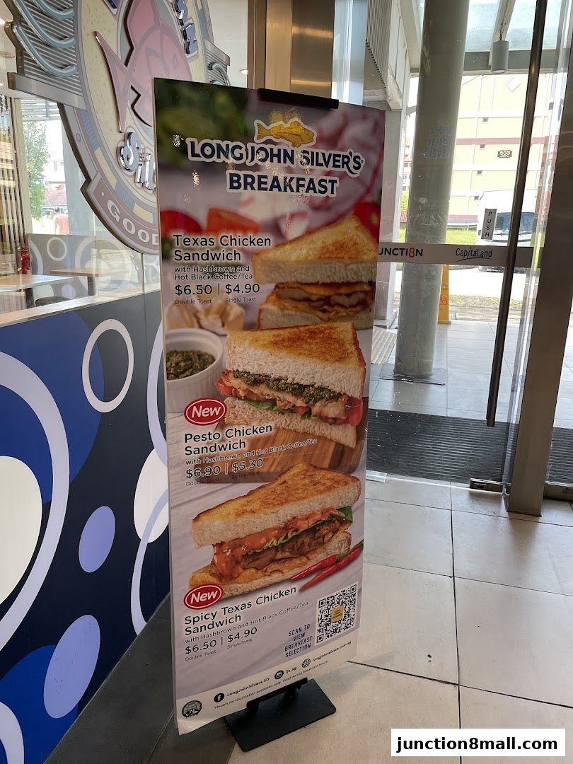 A breakfast menu board for Long John Silver's featuring three sandwich options.