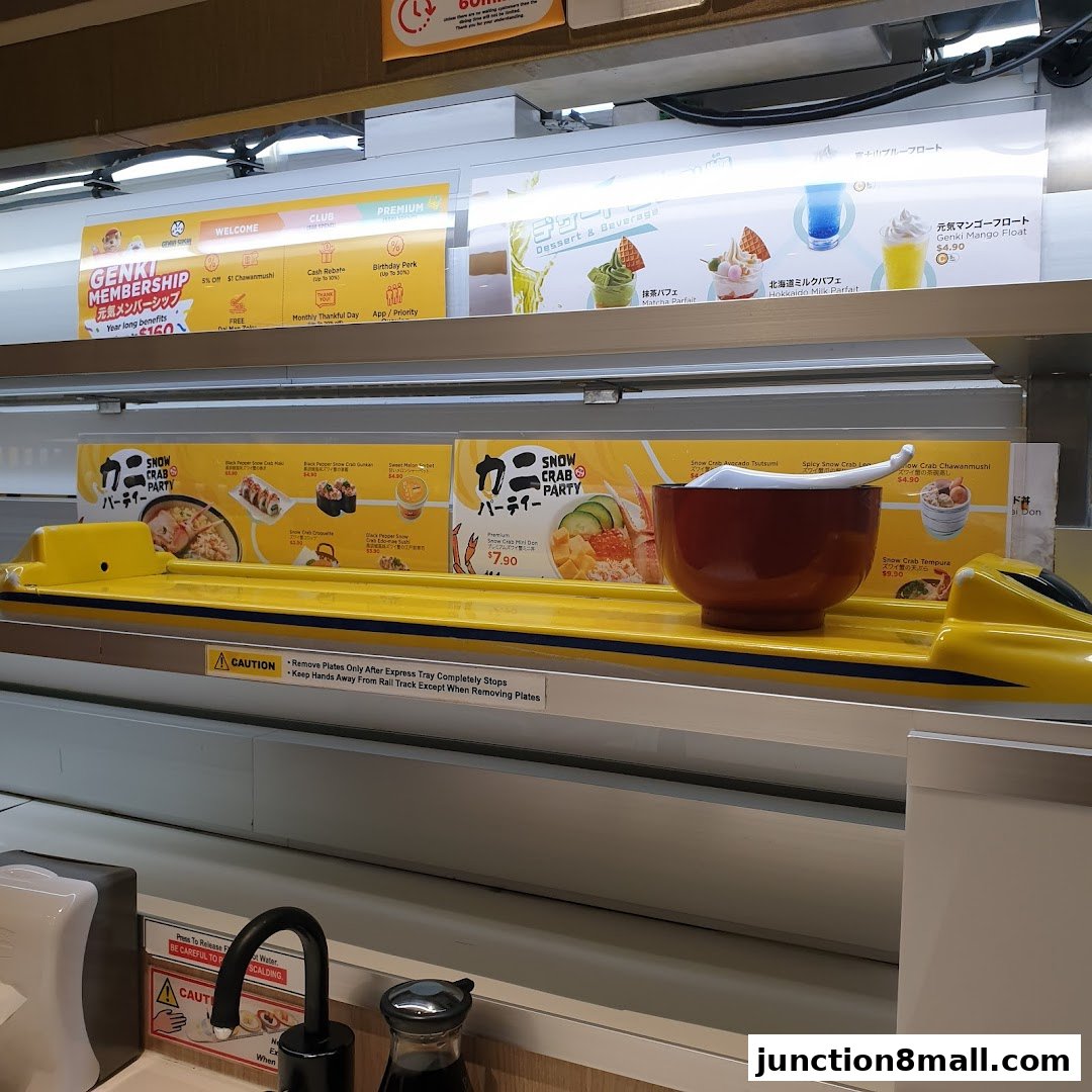 A conveyor belt sushi restaurant with various sushi dishes and desserts displayed.