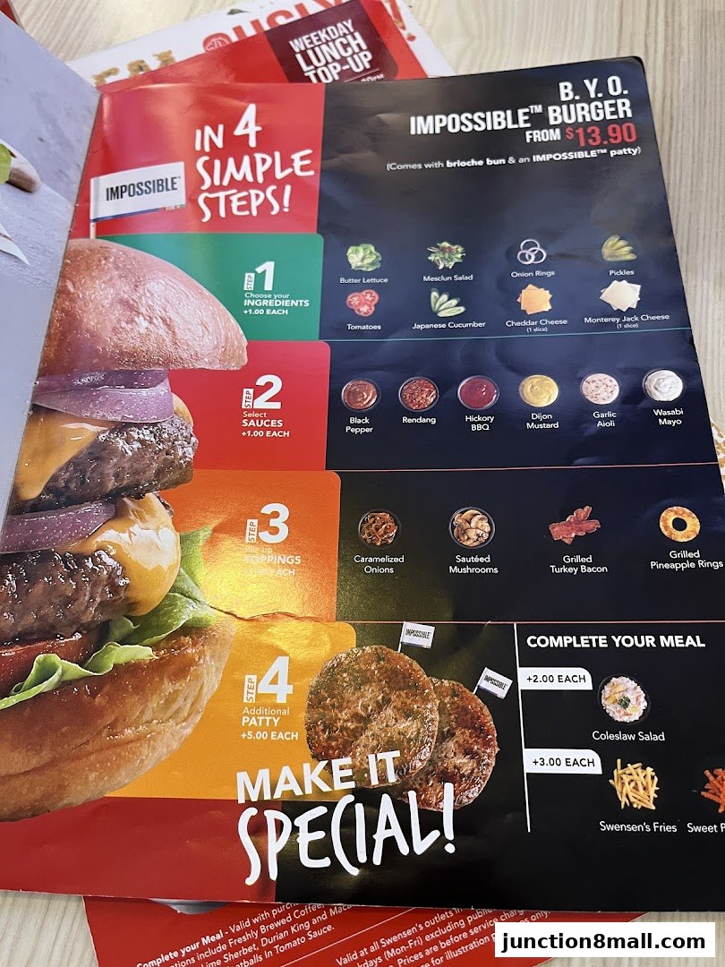 A menu showcasing the build-your-own Impossible Burger with various ingredient and topping options.
