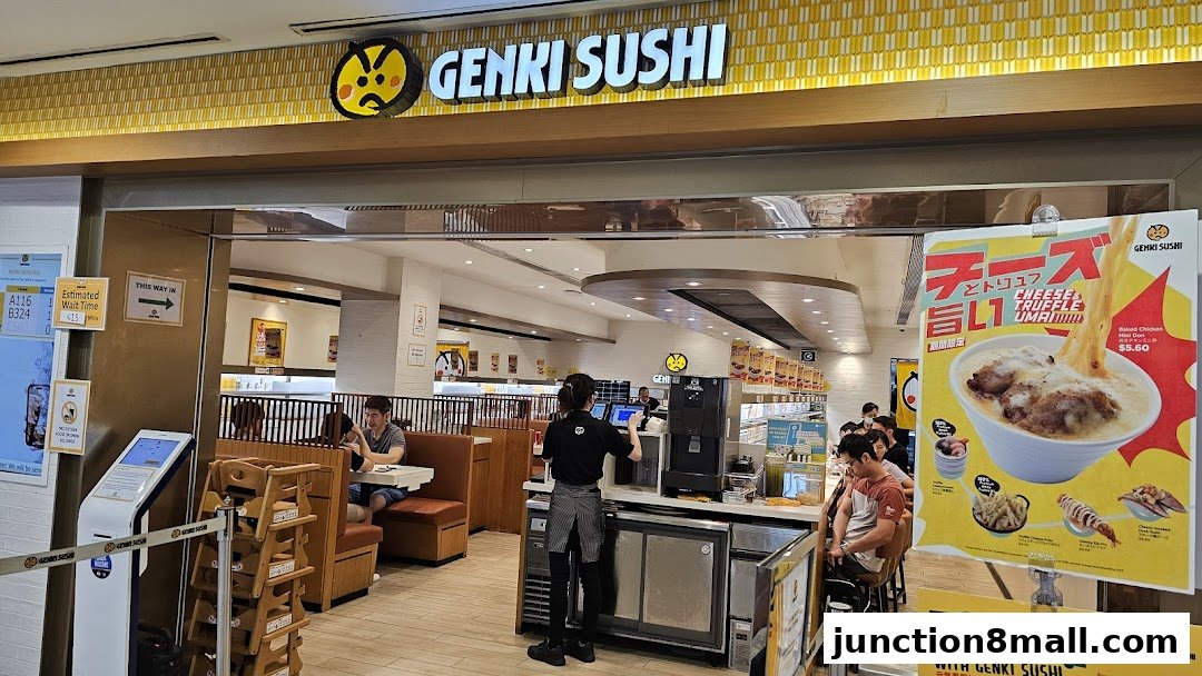 The entrance of Genki Sushi Junction 8 with customers and a promotional poster.