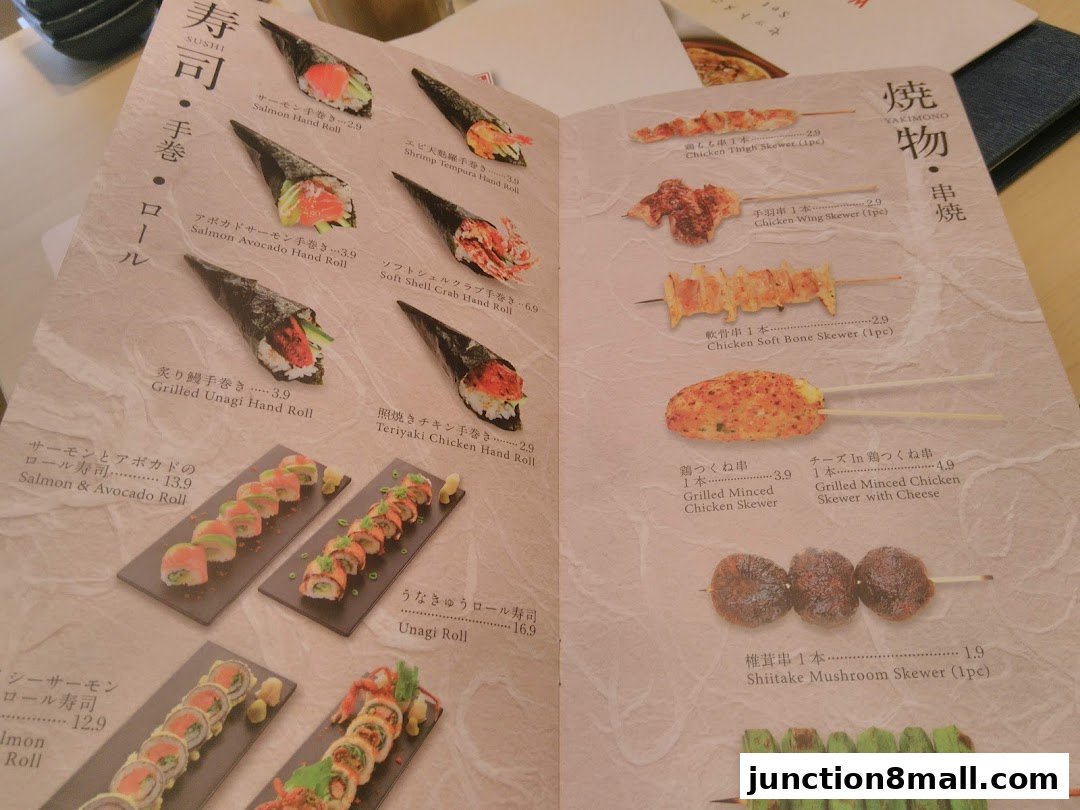 A menu from Watami Japanese Dining featuring sushi rolls and yakitori skewers.