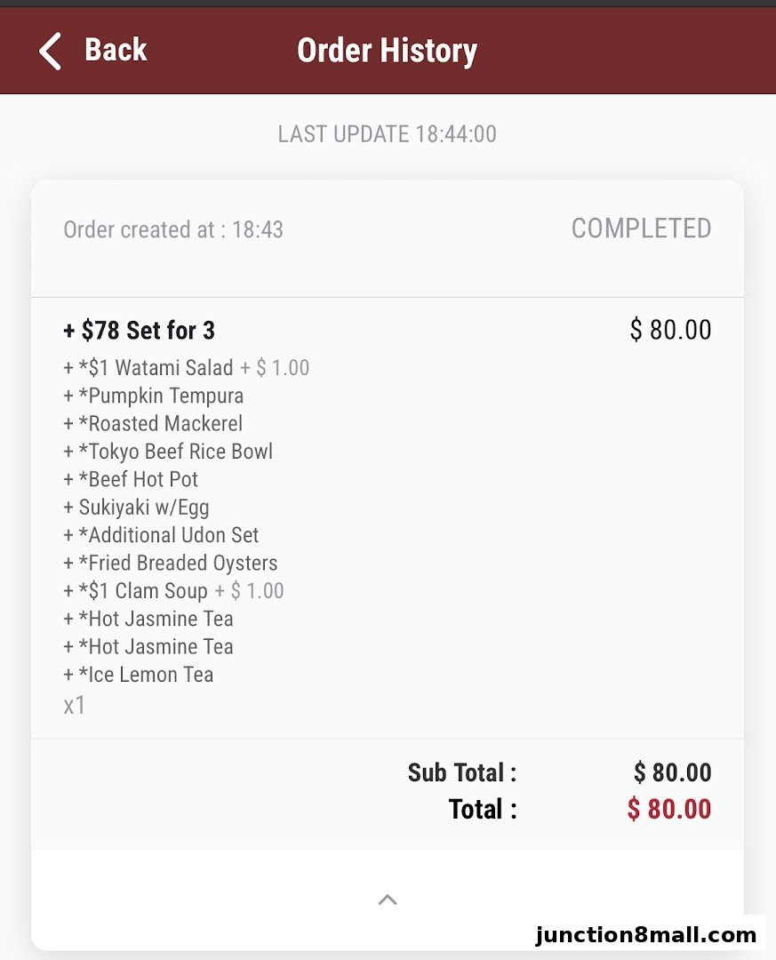 An order history screen showing a completed order for a $78 Set for 3.