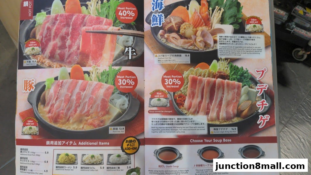 A menu showcasing various hot pot dishes with meat and seafood options, plus add-ons.