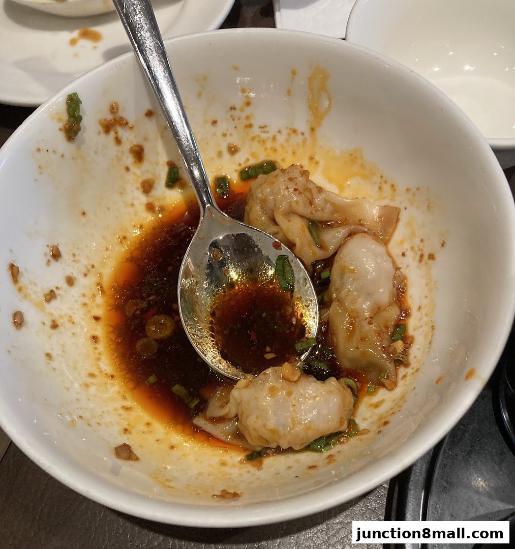 A close-up of a white bowl with dumplings in a savory sauce and a spoon.
