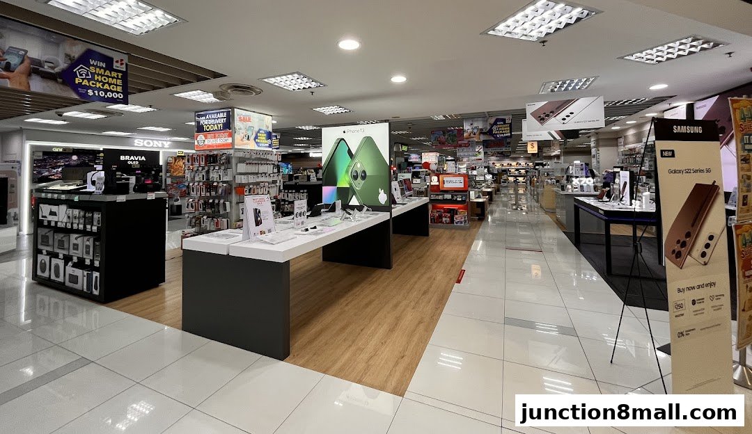 Interior view of an electronics store showcasing various gadgets and promotions.