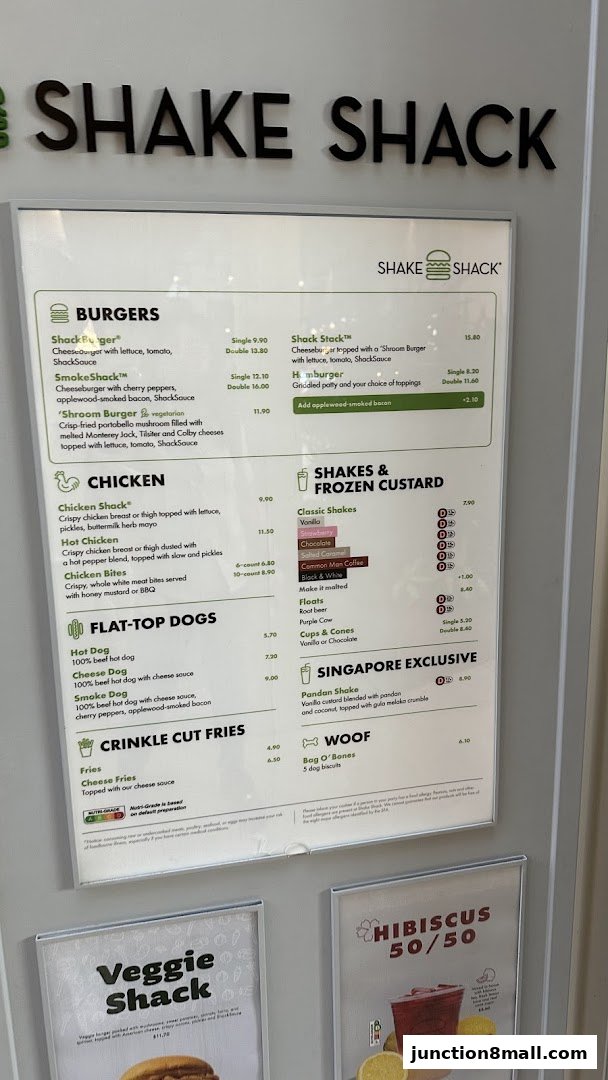 A menu board for Shake Shack featuring burgers, chicken, fries, shakes, and frozen custards.