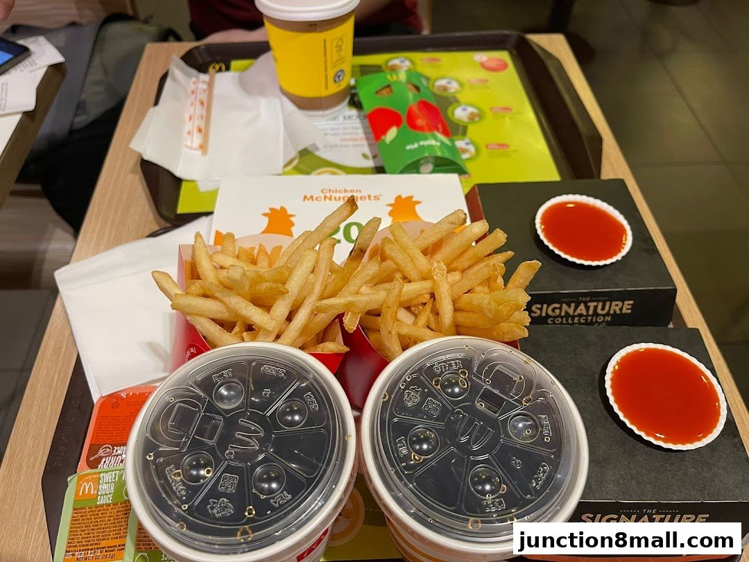 A tray of McDonald's food including fries, drinks, McNuggets box, and dipping sauces.