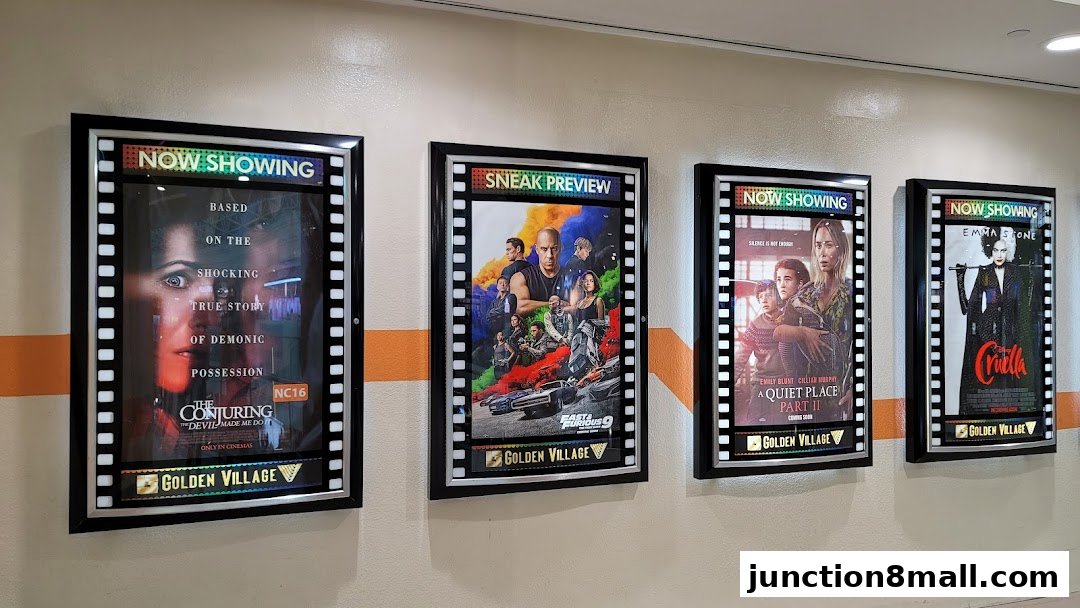 Movie posters for 'The Conjuring', 'Fast & Furious 9', 'A Quiet Place Part II', and 'Cruella' displayed at Golden Village Bishan.