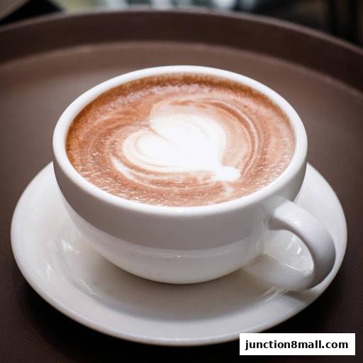 A close-up shot of a white cup of coffee with latte art in the shape of a heart.