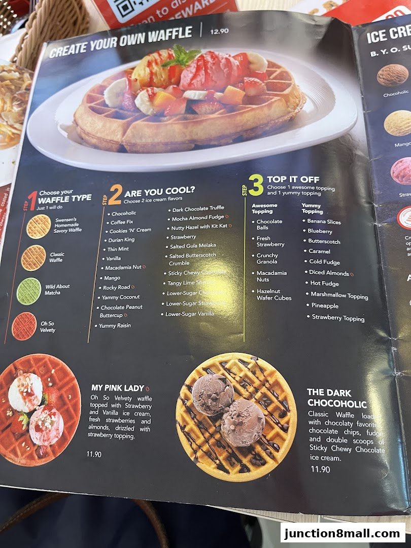 A menu page showcasing customizable waffles with various ice cream flavors and toppings.