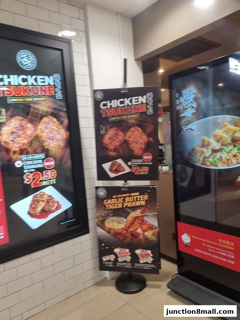 Promotional posters for Chicken Tsukune and Garlic Butter Tiger Prawn at Yakiniku Like.