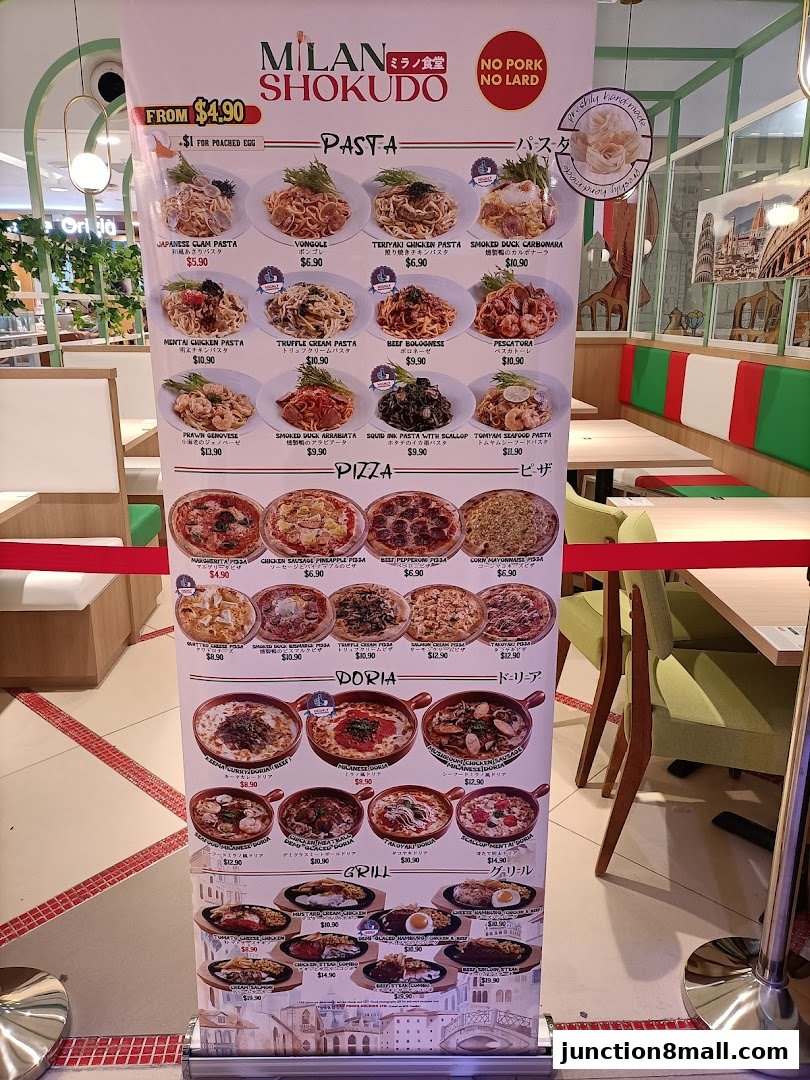A vertical menu banner showcasing various pasta, pizza, doria, and grill dishes from Milan Shokudo.