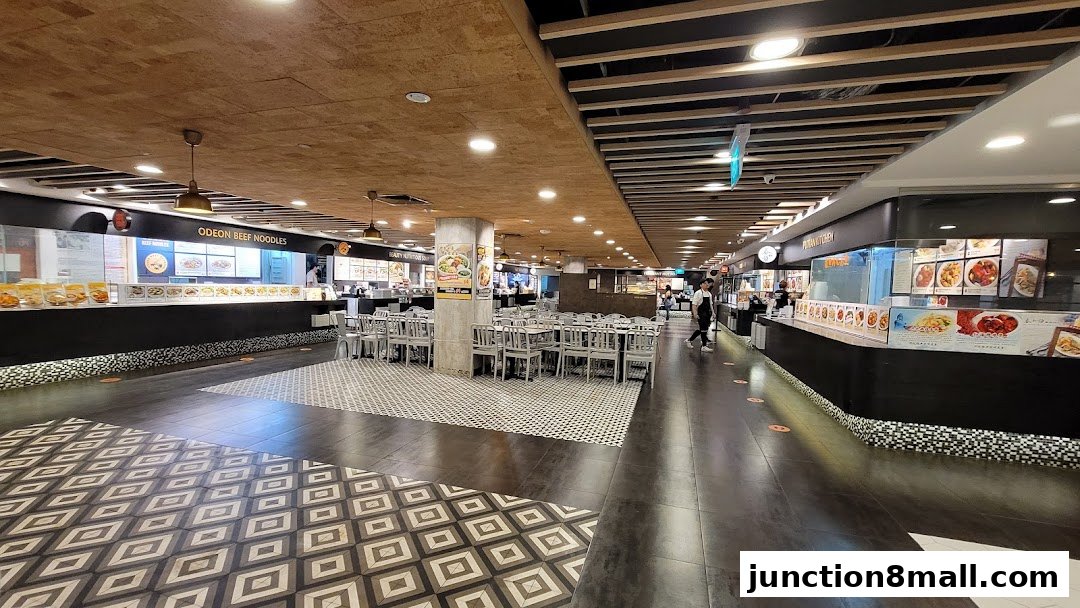A wide view of a modern food court with multiple food stalls and seating areas.
