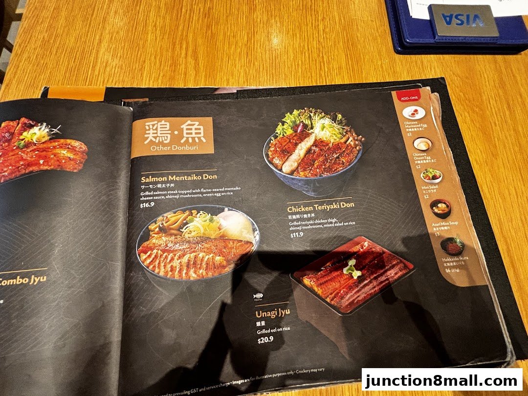 A menu from Aburi-EN featuring various donburi dishes and add-ons.