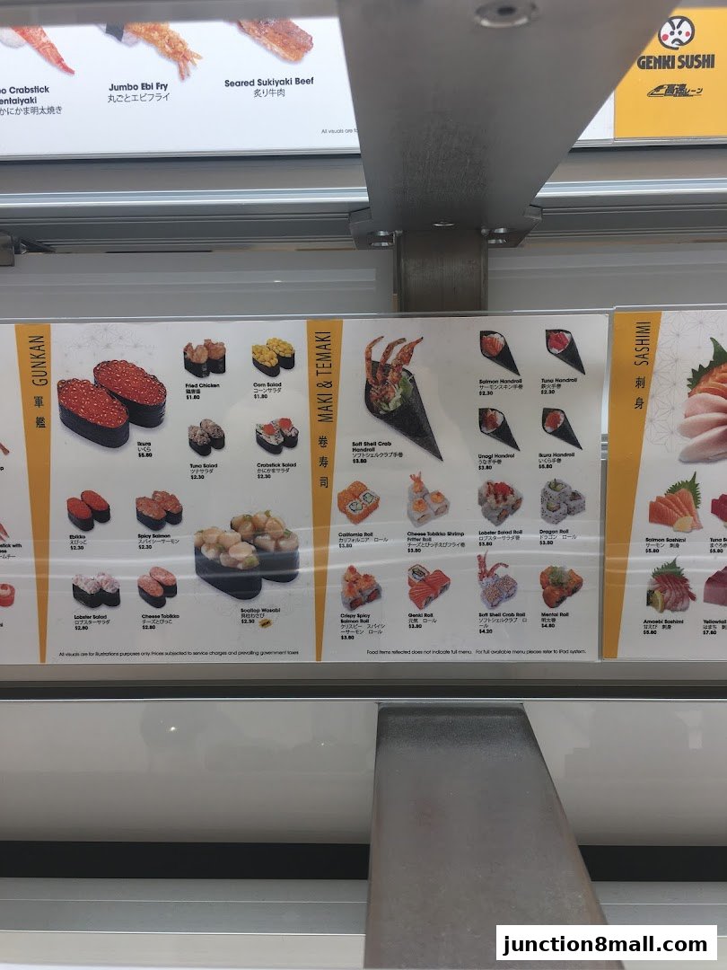 A menu board displaying various sushi items with images and prices.