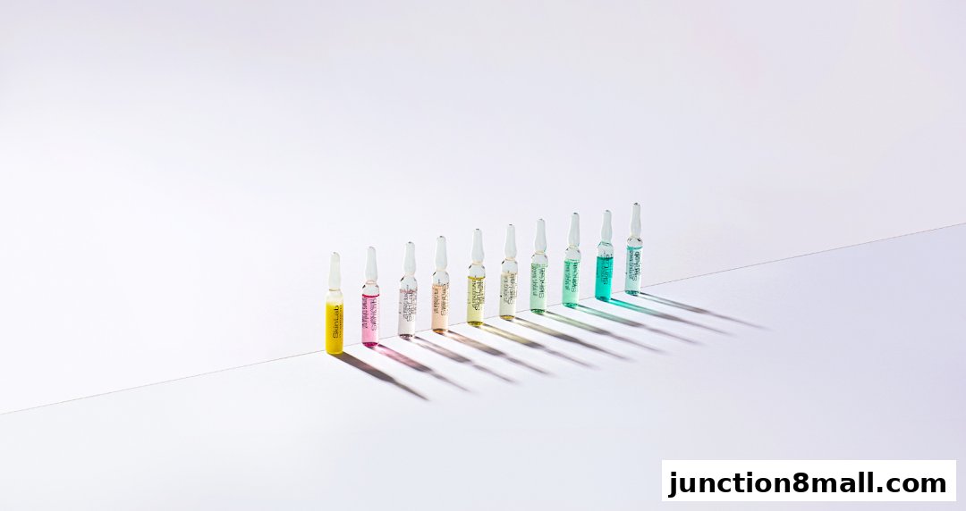 A row of colorful ampoules with labels, casting long shadows on a white surface.
