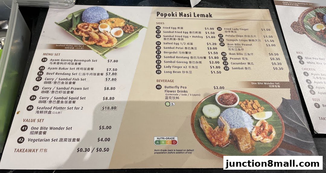A menu featuring Popoki Nasi Lemak with various sets, sides, and beverages.