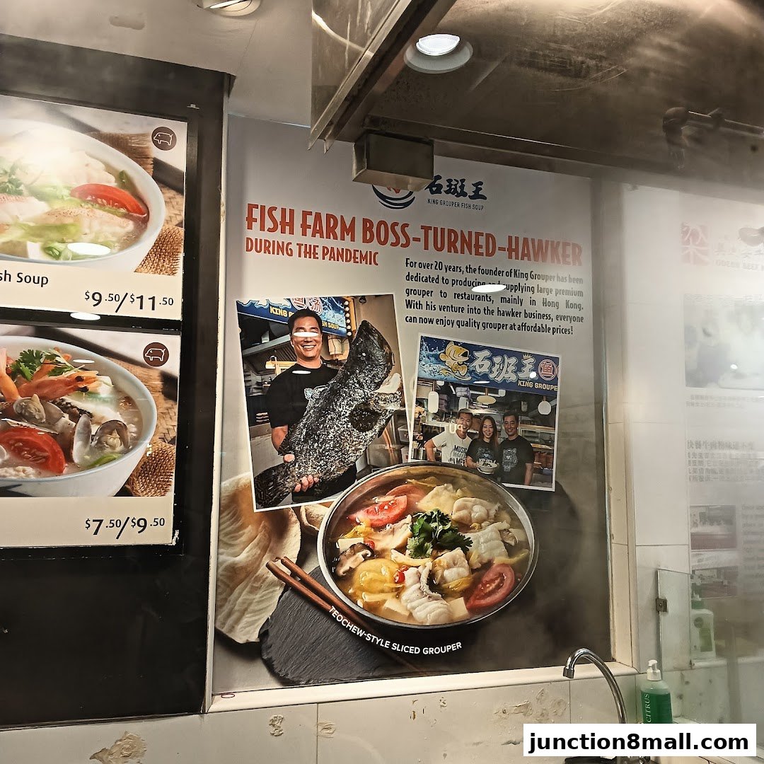 A poster showcasing King Grouper Fish Soup with prices and a story about the founder.