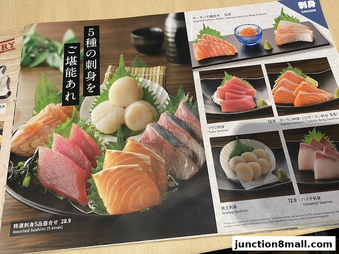 A menu showcasing various sashimi dishes with fresh fish and scallops.