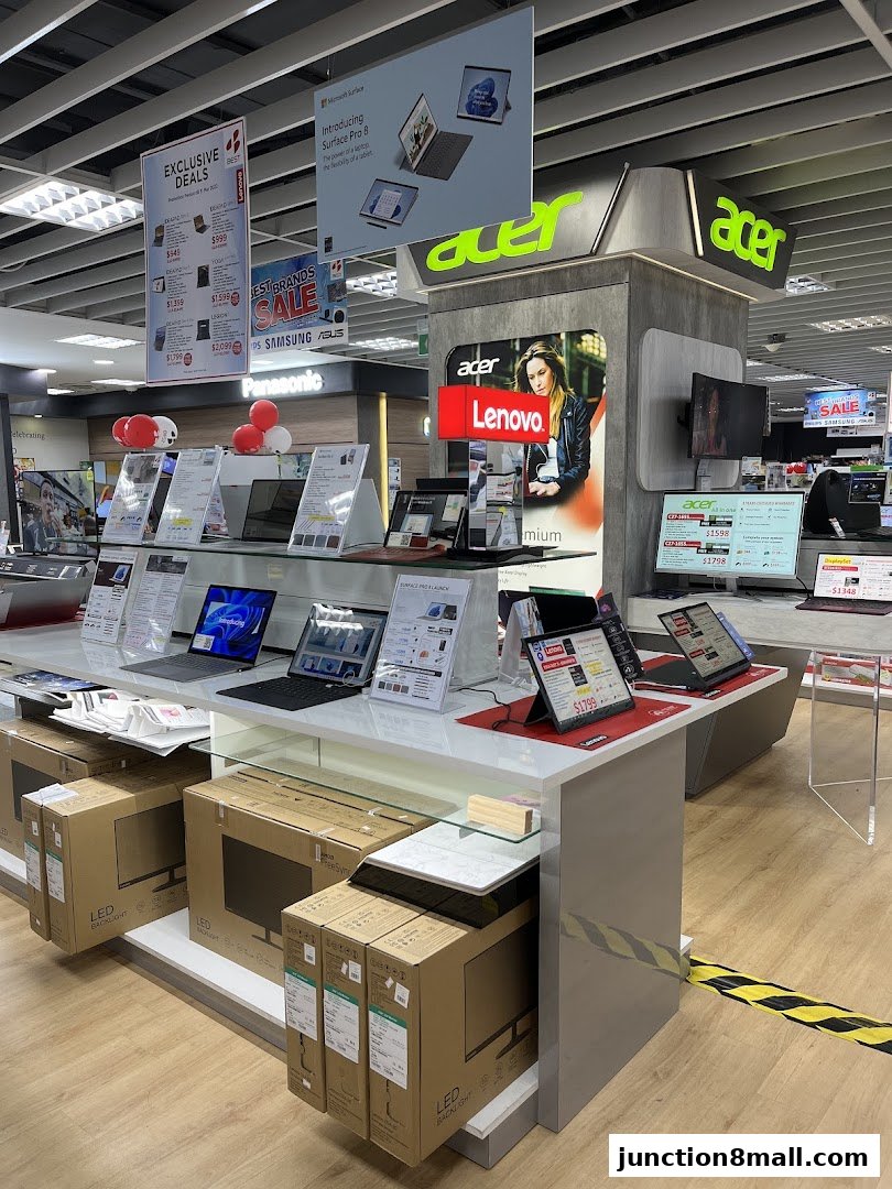 A retail store display featuring laptops, monitors, and accessories from brands like Acer, Lenovo, and Microsoft.