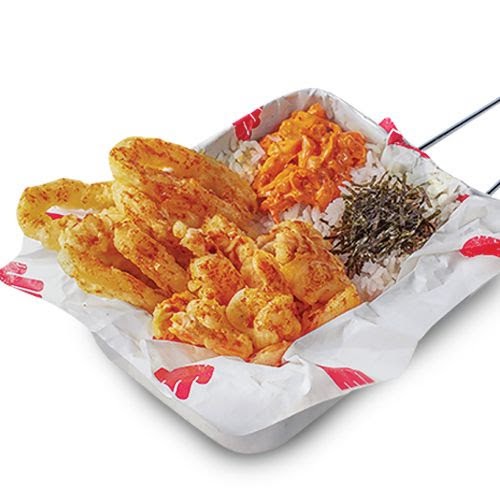 Crispy fried chicken and seafood with rice, seaweed, and sauce served in a tray.