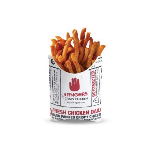 A close-up of a cup of golden crispy fries from 4Fingers Crispy Chicken.