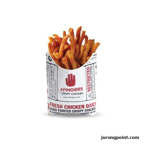 A close-up of a cup of golden crispy fries from 4Fingers Crispy Chicken.