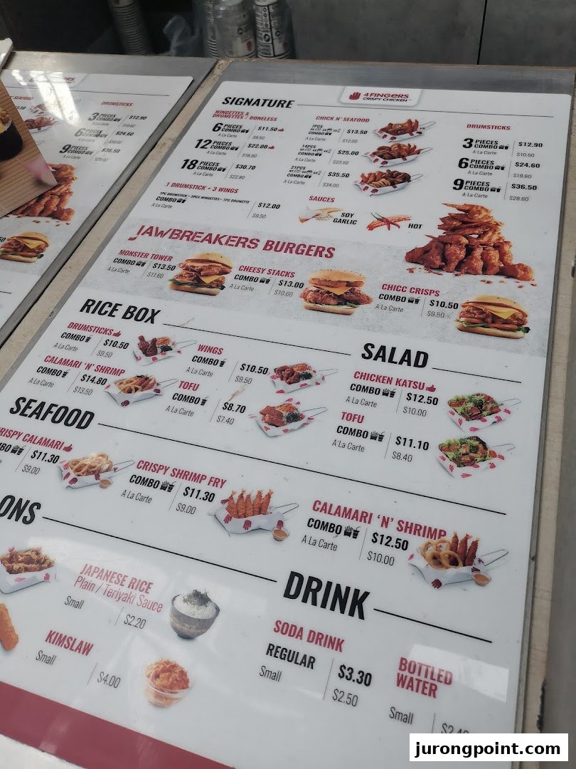A detailed menu board for 4Fingers Crispy Chicken, showcasing various chicken, burger, seafood, and drink options.