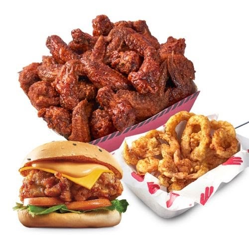 A delicious spread of crispy chicken wings, a chicken burger, and golden onion rings from 4Fingers.