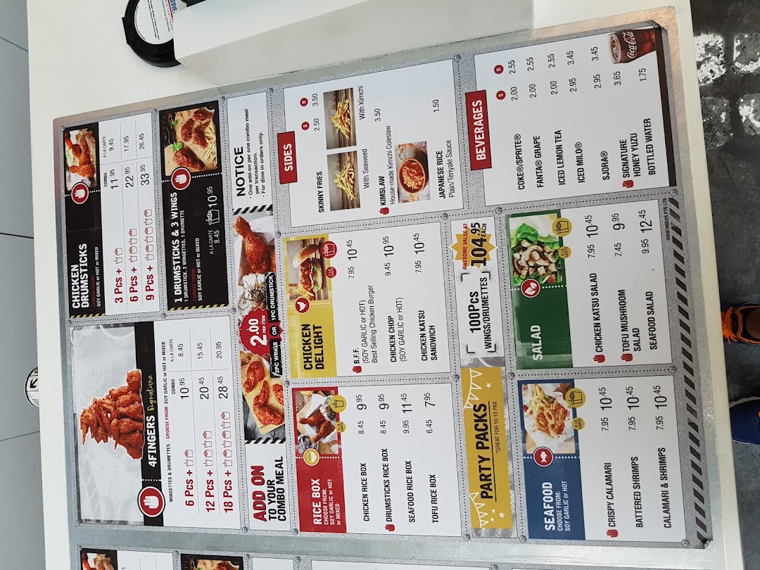 A detailed menu board for 4Fingers Crispy Chicken, showcasing various chicken, seafood, sides, and beverage options.
